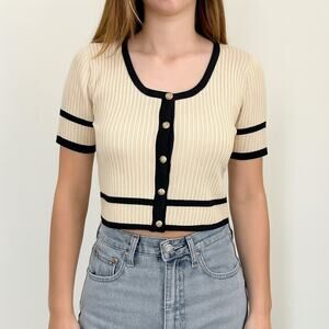 Knit Mix Women’s Medium Cropped Sweater Beige Black Trim Short Sleeve